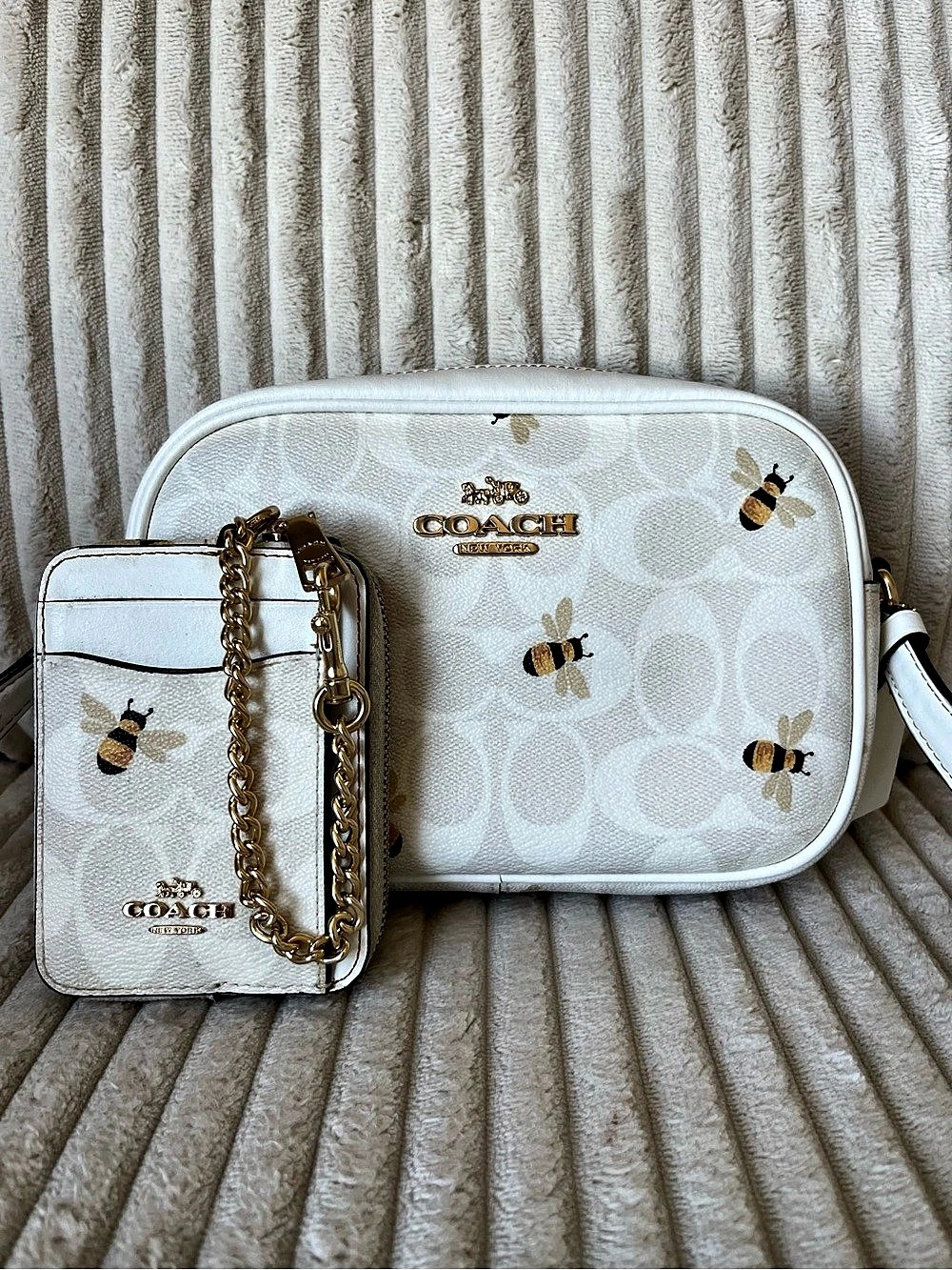 Rare Coach Bee Print Set Mini Jamie Camera Bag & Matching Zip Card Case Wallet